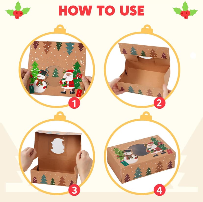 JOYIN 12PCS Christmas Cookie Boxes for Gift Giving, 8.75" x 5.75" x 2.75" Xmas Holiday Bakery Treat Boxes with Window, Kraft Cookie Tin Container Box for Baked Goods, Cupcake, Pastry, Candy, Doughnut