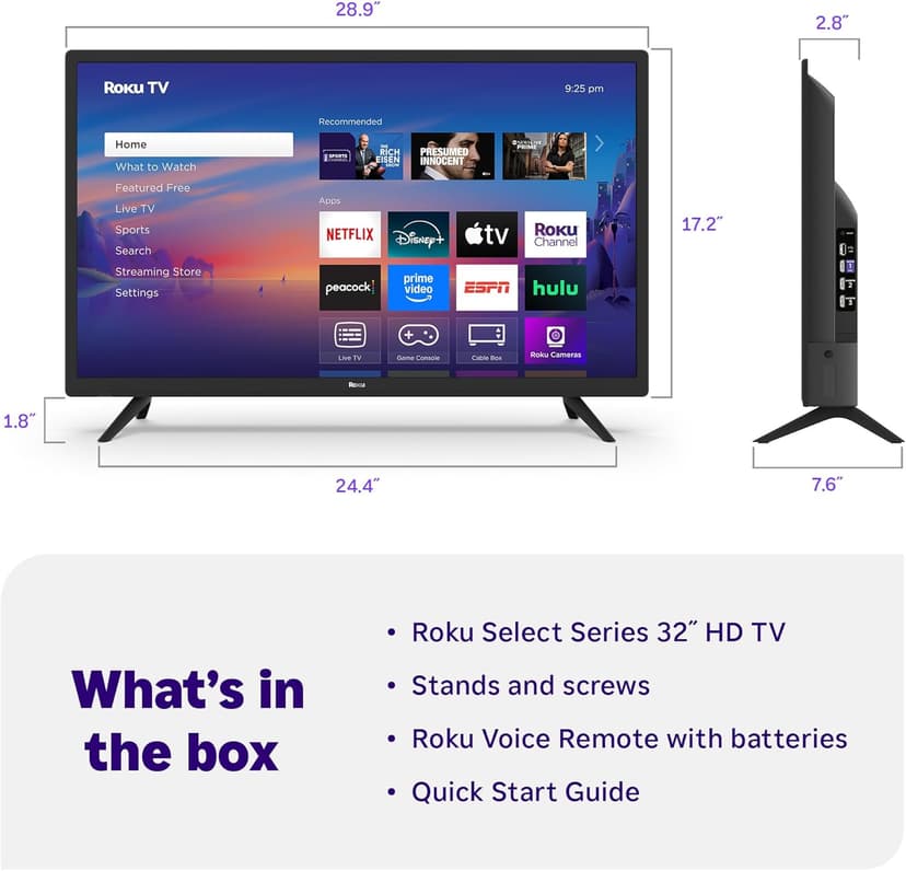 Roku Smart TV 2025 – 32-Inch Select Series, 720p HD TV – RokuTV with Voice Remote – Flat Screen LED Television with Wi-Fi for Streaming Live Local News, Sports, Family Entertainment - Amazon Exclusive