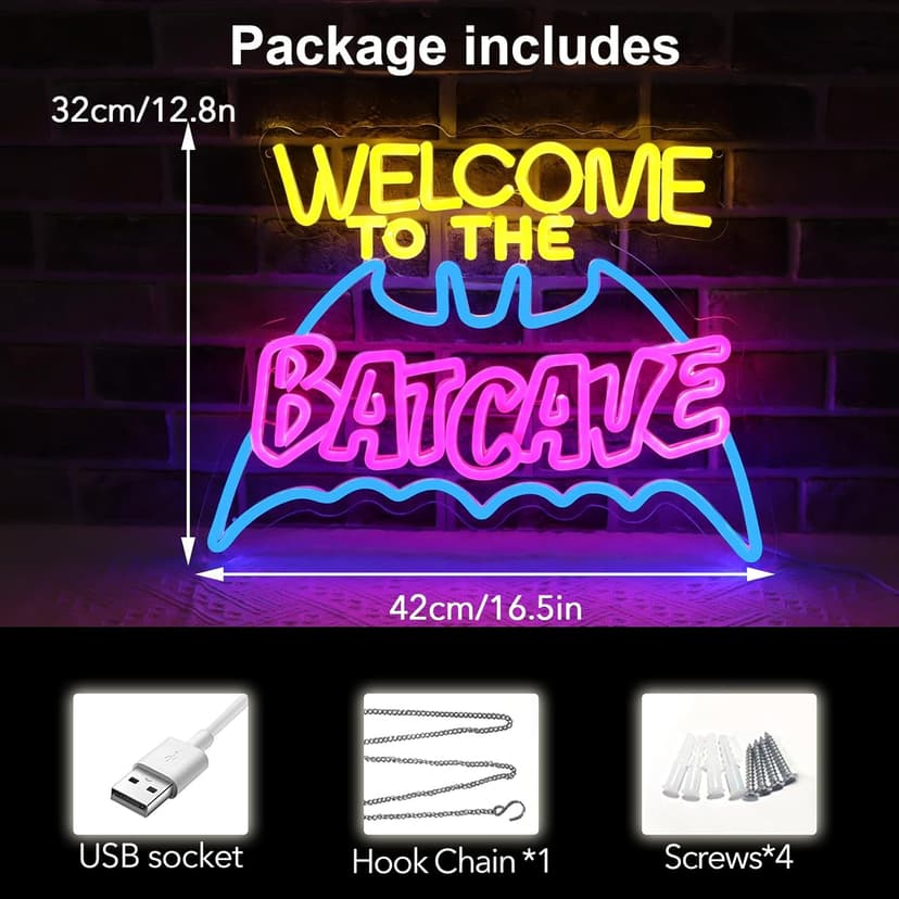Bat Cave Neon Sign - Wall Decor, Halloween Deocr, Room, Funny Home Decor, Neon Light, LED Sign, Hanging, Bedroom, Dorm, Man Cave, Christmas Supply (USB)