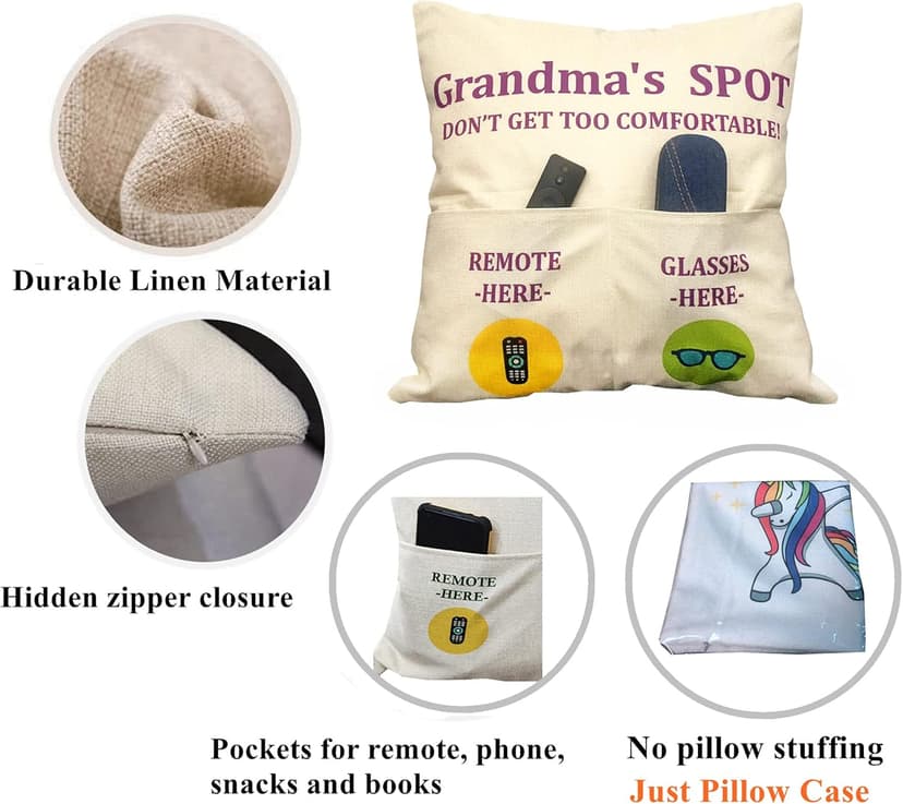 Grandma Gifts, 2-Pocket Grandma’s Spot Throw Pillow Covers 18x18 Inch + Engraved Spoon, Birthday Christmas hanksgiving Day Gifts for Grandma Mom Gigi Nana Mimi