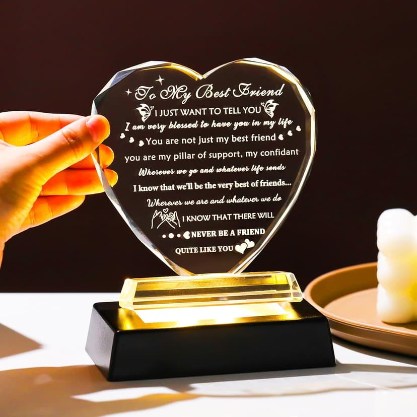 YWHL Best Friend Birthday Gifts with LED Base Bestie Gift for Women Crystal Heart Friendship BFF Gifts for Women Gift Ideas for Best Friend Female on Christmas