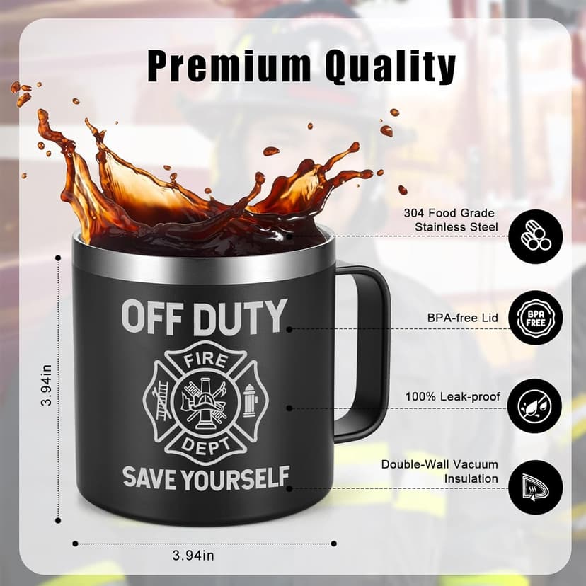 Lifecapido Firefighter Gifts for Men, Off Duty Save Yourself 14 oz Insulated Coffee Mug, Fireman Gifts for Men, Birthday Christmas Gift for Firefighters, Firemen, Boyfriend, Dad, Uncle, Black