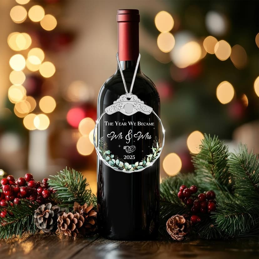 Glass Ornament - Mr & Mrs 2025 Wreath Leaf Wedding Ornaments - Newlywed Gifts for Couples 2025 - Couple Ornament for Bride and Groom - Elegant Engagement Keepsake for Christmas Tree Décor