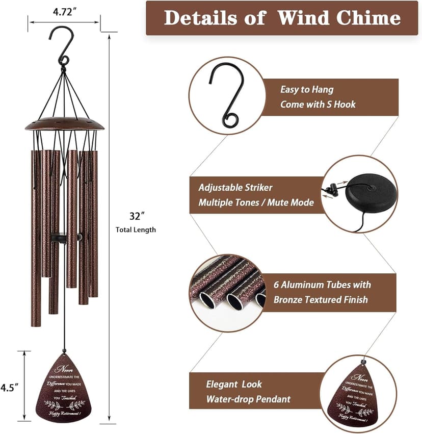 Retirement Gift for Woman Men, 32" Wind Chimes Retirement Gifts, Happy Retirement Gifts for Coworker Colleague Boss Teachers Nurses Friends, Going Away Gifts Retirement Decorations