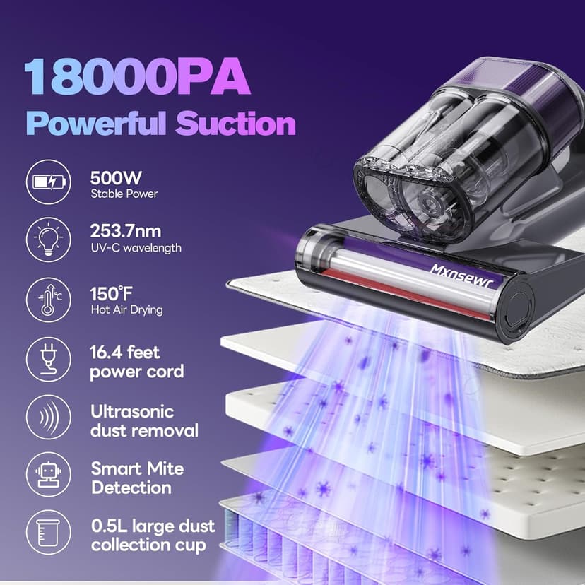 Mattress Vacuum Cleaner, 18Kpa Handheld Bed Vacuum Cleaner with 253.7nm UV-C Light, HEPA Filter & Ultrasoni, 150℉ Heat, Smart Dual Cup, and One-Click ash Removal for Bed, Sofa(Gray)