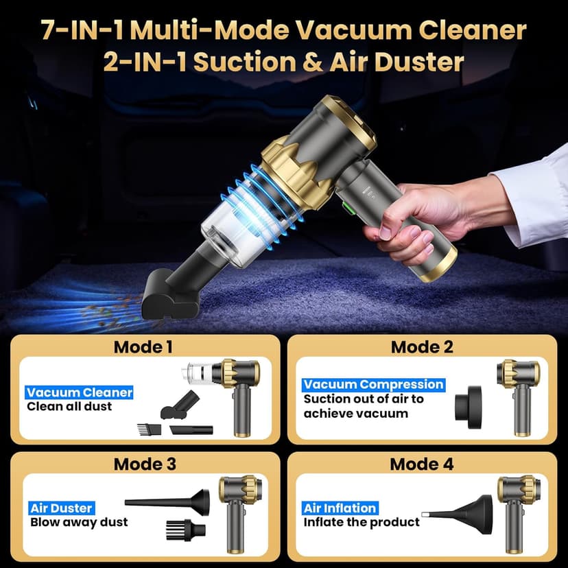 Car Vacuum Portable Cordless - Handheld Vacuum Cleaner with 16000PA Strong Suction, 7-in-1 Air Duster/Blower, Rechargeable Mini Vacuum with Long Battery, Multi-Nozzles for Car,Home, Office, Pet