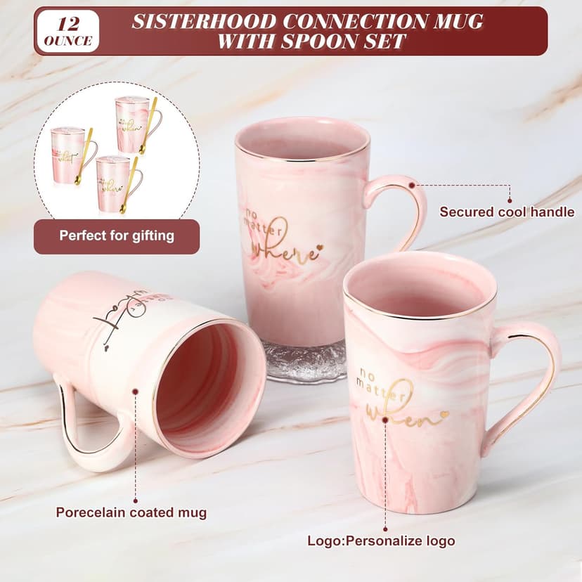 Hushee Hushee 3 Sets Friendship Gifts Friendship Mug for Best Friend Pink Mug Sisterhood Gifts for Christmas BFF, 12 oz