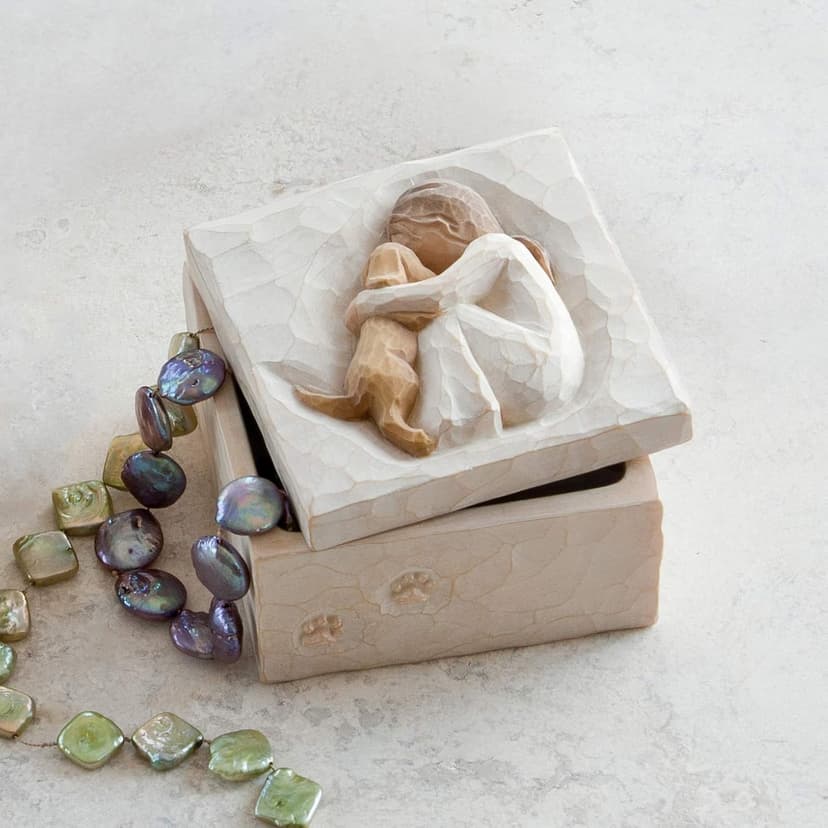 Willow Tree True, Truly a Friend, Box for Jewelry and Treasures with Bas-Relief Carving of Girl with Puppy Dog, Sculpted Hand-Painted Keepsake Box