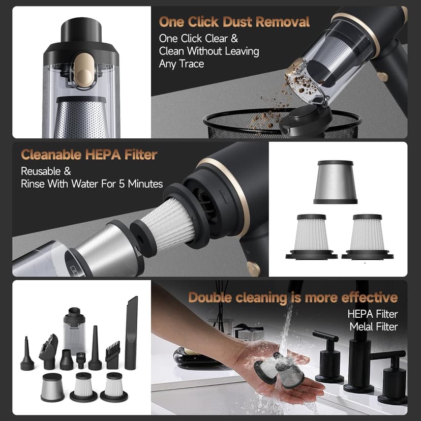 7 in 1 Car Vacuum Portable Cordless ,16000PA Strong Suction Handheld Car Cleaner With Dual HEPA Filters,LED Light,Type-C Charging Mini Vacuum, One-Click Empty Compact For Home Cleaning and Office