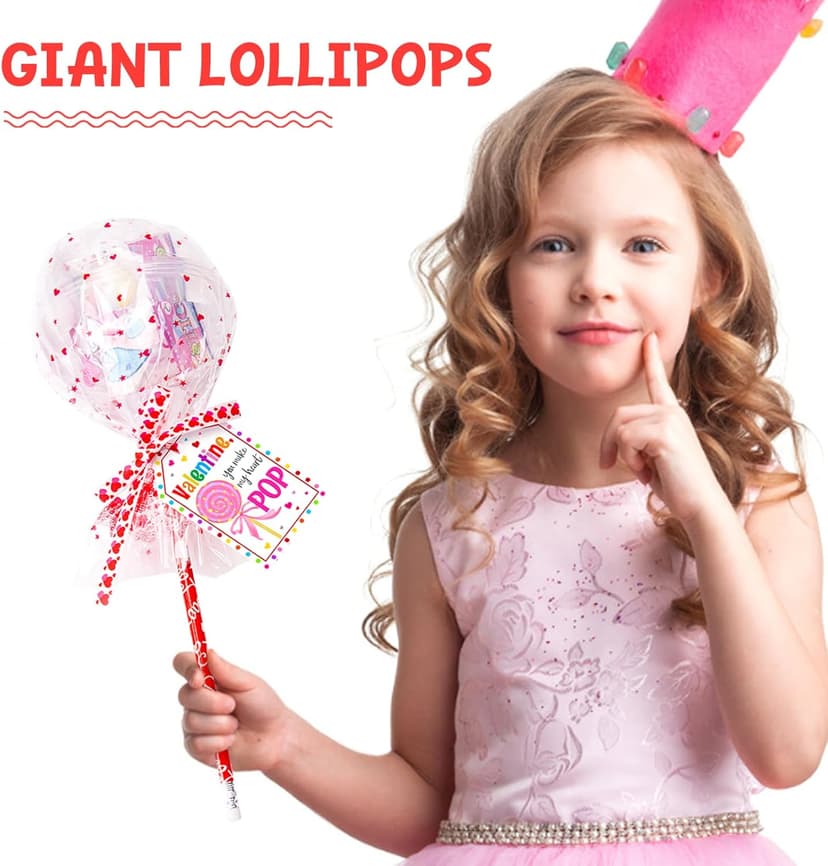 Valentines Day Gifts for Kids - 24 Pack Giant Lollipop-Shaped Stationery Set with Valentine's Cards Pencils Stickers Erasers Stampers Sharpener for Classroom Exchange School Boys Girls Party Favors