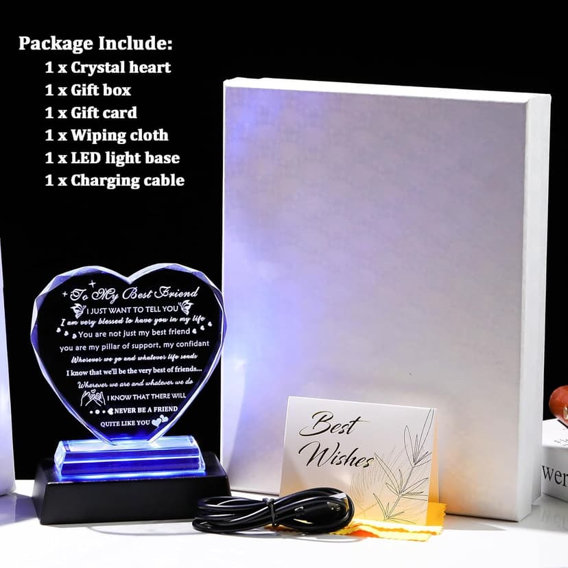 YWHL Best Friend Birthday Gifts with LED Base Bestie Gift for Women Crystal Heart Friendship BFF Gifts for Women Gift Ideas for Best Friend Female on Christmas
