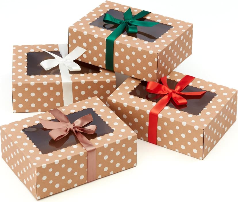 Brown Kraft Cookie Boxes with Ribbons & Window (20 Pack) 8.3 x 6 x 2.8” Food Grade Cardboard Bakery Gift Boxes for Christmas Gift Giving, Baked Goods, Candy Treats, Decorative Holiday Packaging, Empty