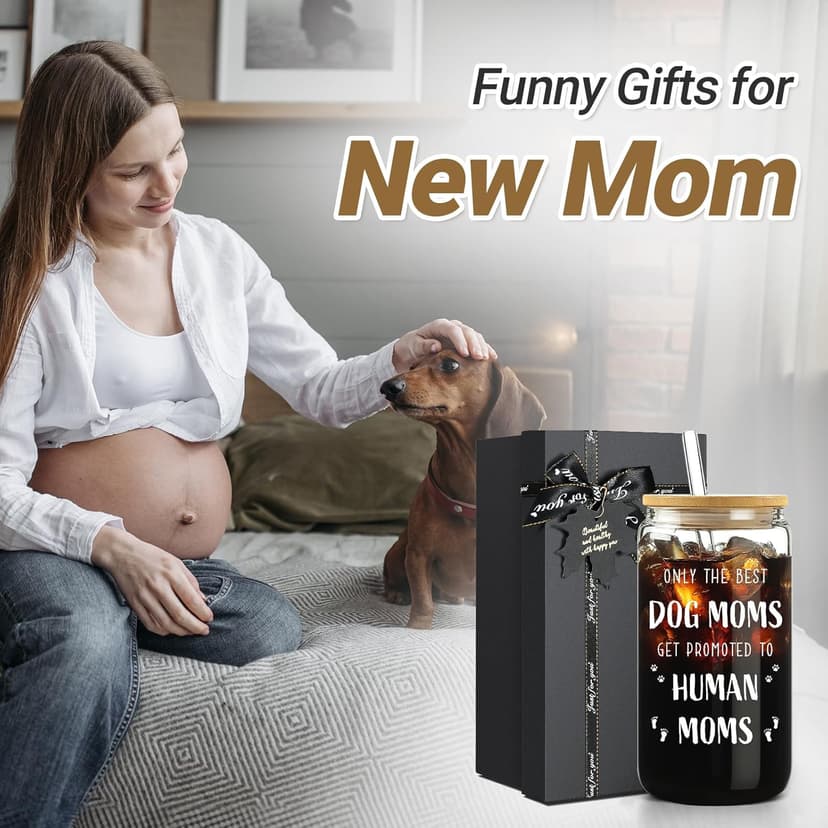 New Mom Gifts for Pregnant Women, 16oz Drinking Glass Cup with Lid and Straw, Funny Dog Mom Pregnancy Gift for Expecting Mom, Mother to be - Postpartum, Mothers Day, Birthday Gifts for First Time Moms
