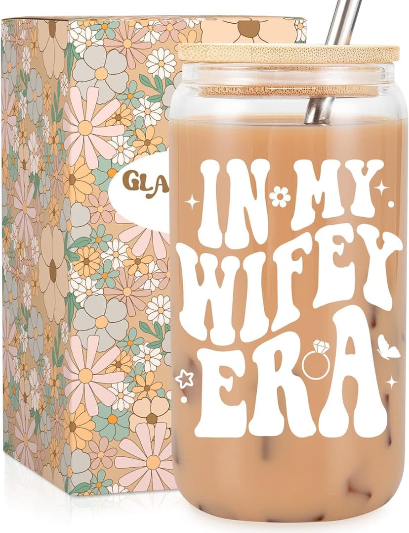 Fairy's Gift Wifey Era Cup, Wedding, Bride Gifts for Her, Bridal Shower, Engagement Gifts for Women, Couples, 16 oz Coffee Glass Cups w/Lids Straws, Bachelorette Presents for Bride to be, Future Mrs