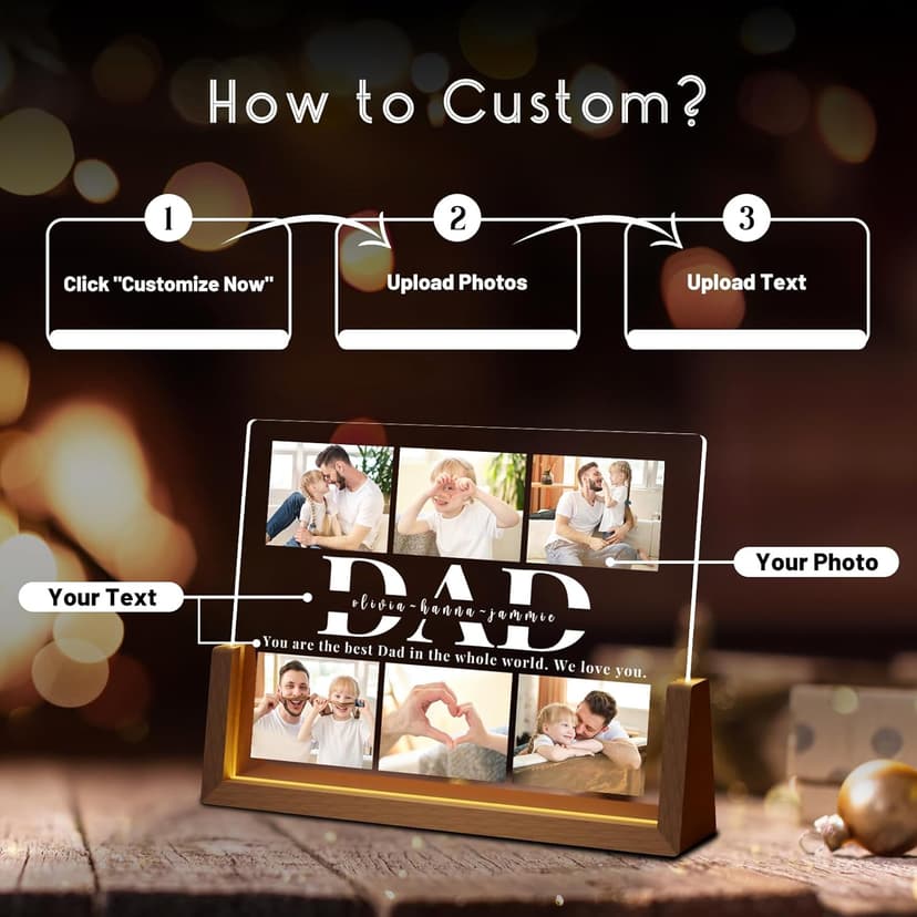 Personalized Dad Gifts for Fathers Day, Custom Fathers Day Gift from Daughter Son Kids, Customized Dad Gifts for Husband from Wife, Unique Best Dad Picture Frame with Your Photos