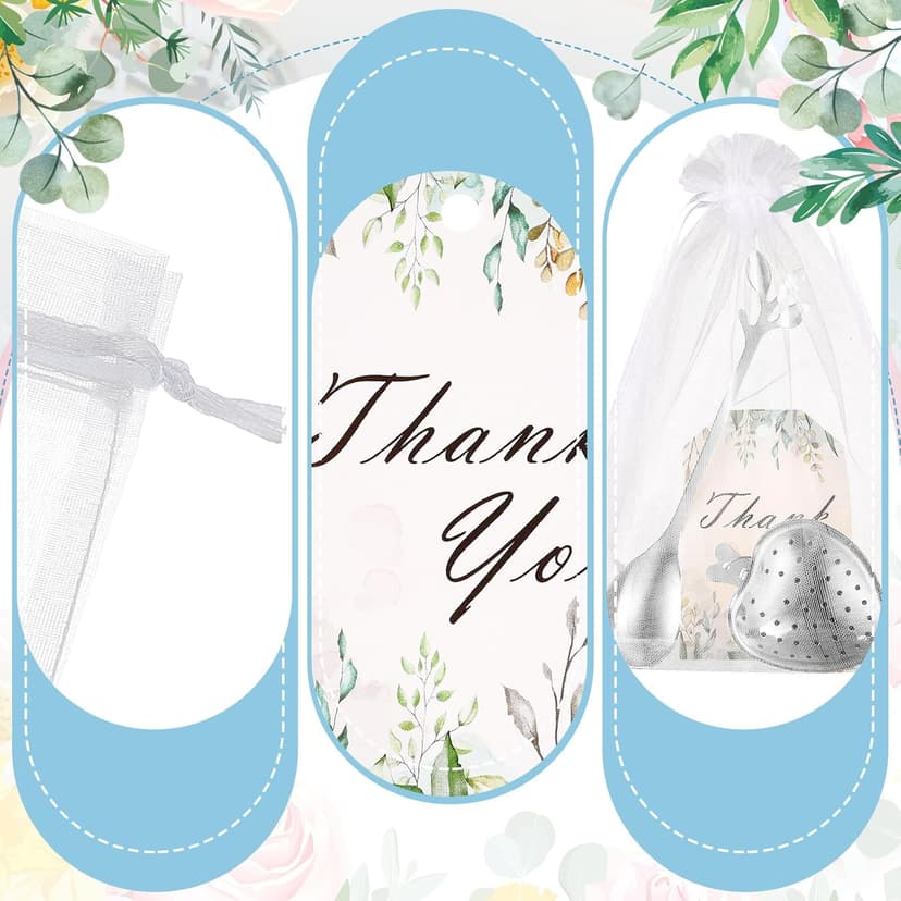 25 Sets Bridal Shower Tea Party Favor for Guest Leaf Tea Spoon Heart Shape Infuser Ball for Loose with Thank You Card Organza Bag Wedding Souvenir Gift(Silver)