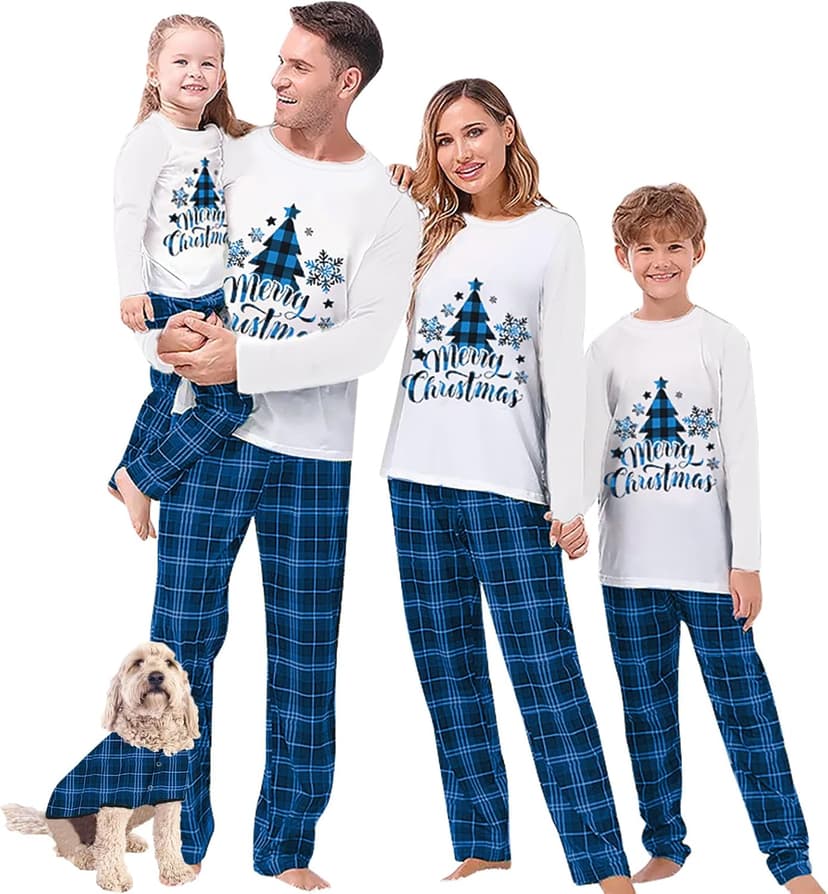 Awoscut Christmas Family Matching Pajamas Sets Christmas PJ's Letter Print Top and Plaid Pants Jammies Sleepwear