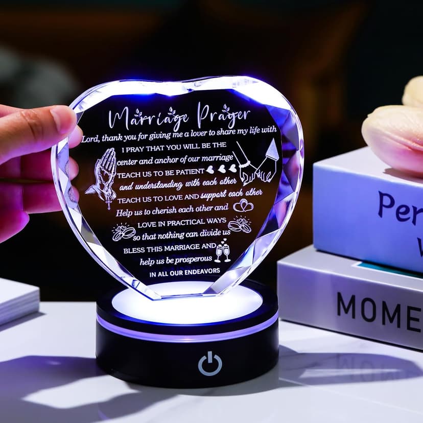 YWHL Wedding Gifts for Couples Crystal Heart Anniversary Marriage Prayer Plaque with Colorful LED Base Wedding Gift with Inspiring Quotes, Unique Newlywed Gifts Mr and Mrs Gifts Bridal Shower Gifts