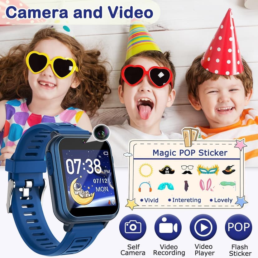 Cosjoype Kids Game Smart Watch for Kids with 24 Puzzle Games HD Touch Screen Camera Music Player Pedometer Alarm Clock Calculator Flashlight 12/24hr Kid Watch Gift for 4-12 Year Old Boys Toys for Kid