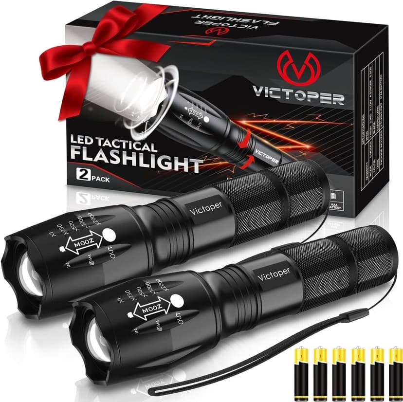 Victoper LED Flashlight 2 Pack, Bright Tactical Torch High Lumens with 5 Modes, Waterproof Zoomable Flash Light for Outdoor, Gifts for Men, Dorm Room Hunting Camping Essentials Gear for Guys