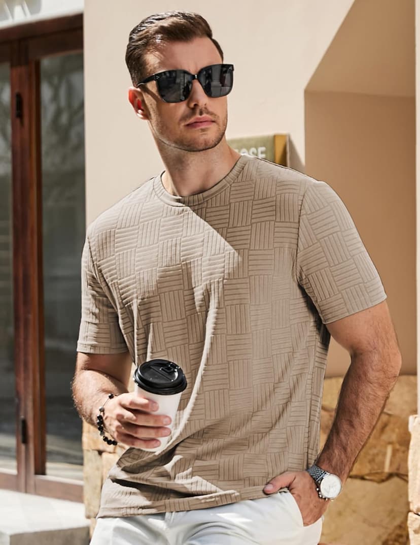 JMIERR Mens T-Shirt Casual Stretch Solid Crewneck Short Sleeve Tees Textured Shirts