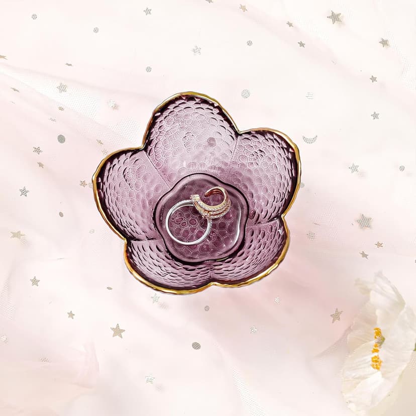 Purple Flower Jewelry Dish Glass Ring Dish Jewelry Tray Cute Vanity Organiser Room Decor Aesthetic Nightstand Bathroom Decor Trinket Dish Ring Holder Valentine's Friendship Birthday Gifts for Women
