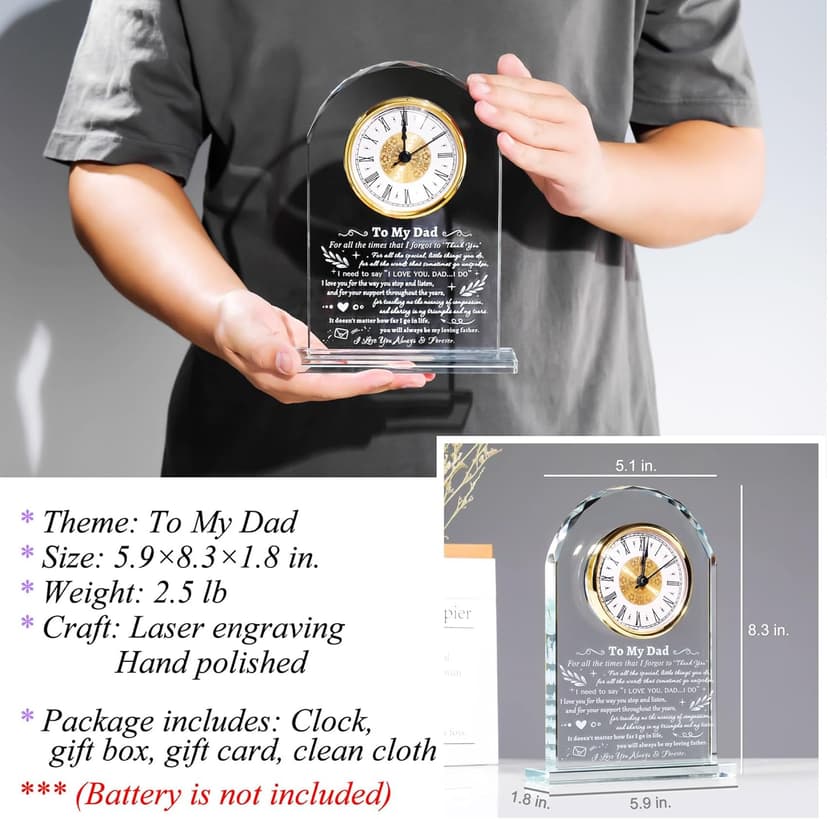 YWHL To My Dad Clock Gifts from Daughter Son, Laser Engraving Glass Clock Gift for Father‘s Day, Birthday Gifts for Dad Who Wants Nothing, Meaningful Keepsake Present for Father (Battery not Included)