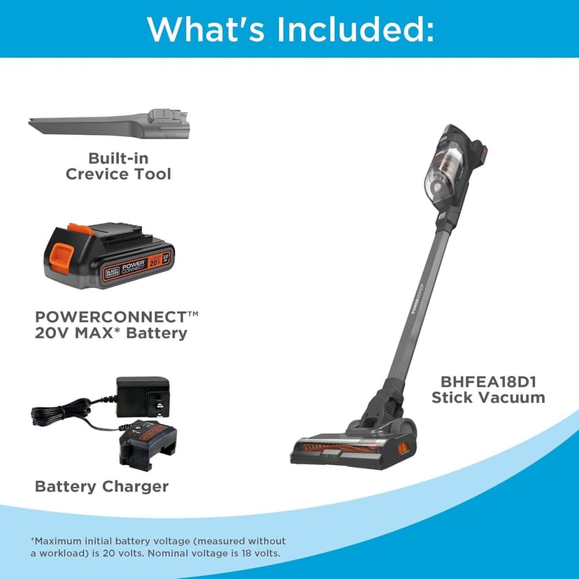 BLACK+DECKER POWERSERIES 20V MAX Cordless Stick Vacuum Cleaner, Household Vacuum Cleaners for Hardwood Floors and Carpet, LED Lights, Detachable, Anti-Tangle, Lightweight, Bagless (BHFEA18D1)