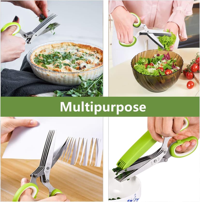 Herb Scissors, X-Chef Multipurpose 5 Blade Kitchen Herb Shears Herb Cutter with Safety Cover and Cleaning Comb for Chopping Basil Chive Parsley (Green)