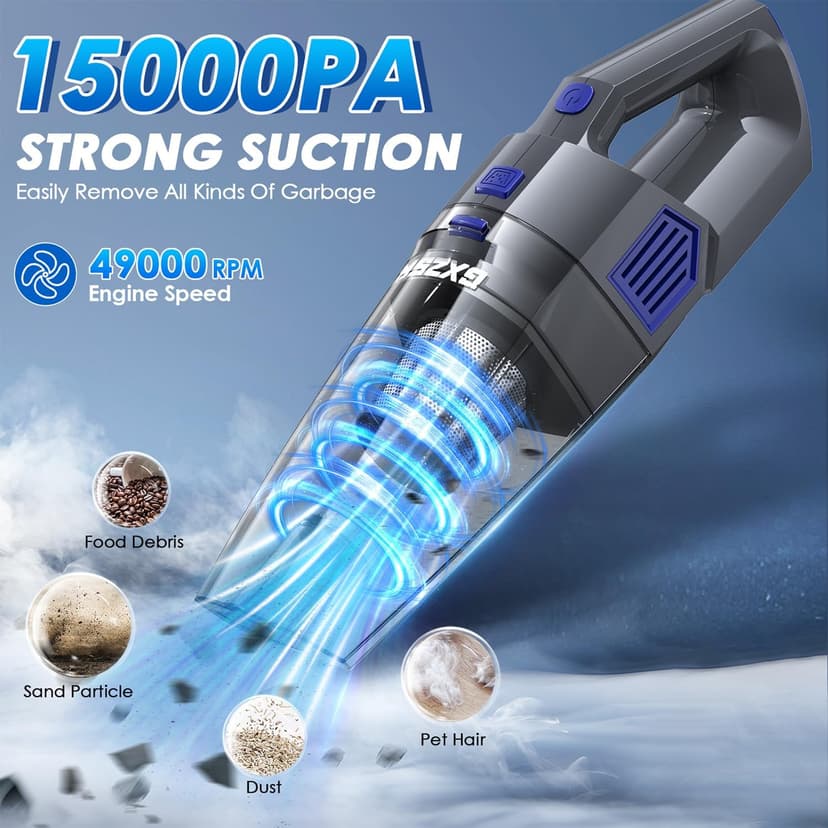 Handheld Vacuum Cordless, 15000PA Strong Suction Hand Held Car Vacuum Cleaner Rechargeable, Portable Hand Vacuum with Multi-Nozzles & Washable Filter for Home Office, Car, Pets