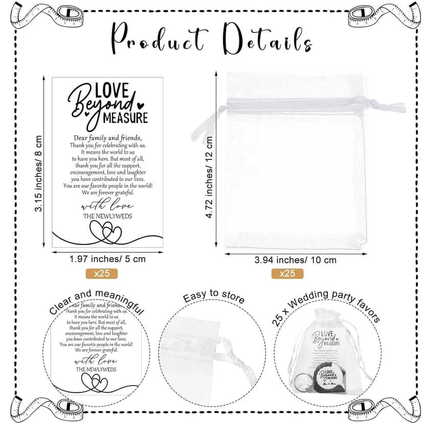 25 Sets Wedding Favors for Guests Tape Measure Keychains with Cards Gift Bags for Bridal Shower Wedding Party Souvenirs