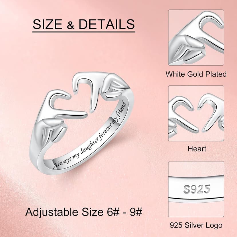 925 Sterling Silver Heart Claddagh Rings for Women Teens, Adjustable White Gold Plated Ring Friendship Promise Love Heart Jewelry Rings Mothers Day Valentines Holiday Gifts for Women Friends