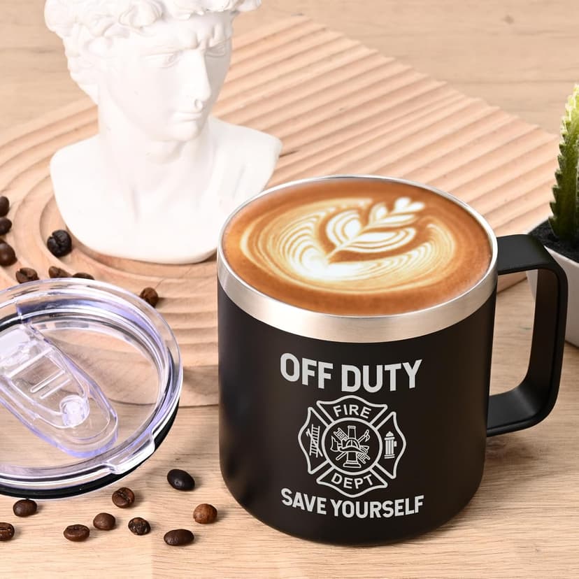 Lifecapido Firefighter Gifts for Men, Off Duty Save Yourself 14 oz Insulated Coffee Mug, Fireman Gifts for Men, Birthday Christmas Gift for Firefighters, Firemen, Boyfriend, Dad, Uncle, Black