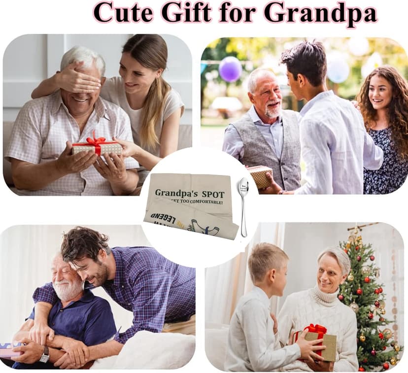 Grandpa Gifts,2-Pocket Grandpa’s Spot Throw Pillow Covers 18x18 Inch + Engraved Spoon, Fathers Day Birthday Christmas Thanksgiving Day Gifts for Papa, Granddad