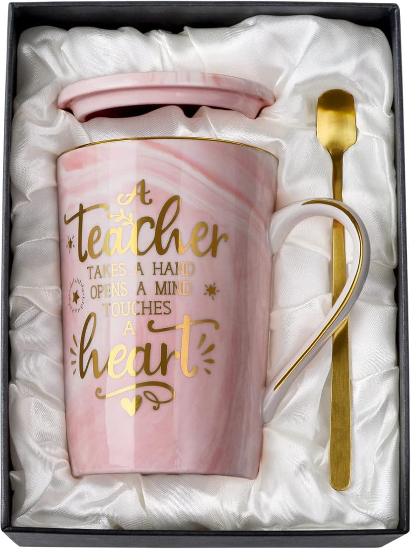 Unique Teacher Appreciation Gifts for Women - Best Teachers Christmas Mug for Teachers from Student, 14Oz Pink Marble Ceramic Gold Print Teacher Cup, Birthday Retirement Graduation, Nice Gift Boxed