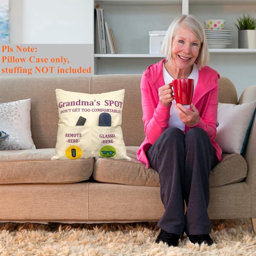 Grandma Gifts, 2-Pocket Grandma’s Spot Throw Pillow Covers 18x18 Inch + Engraved Spoon, Birthday Christmas hanksgiving Day Gifts for Grandma Mom Gigi Nana Mimi