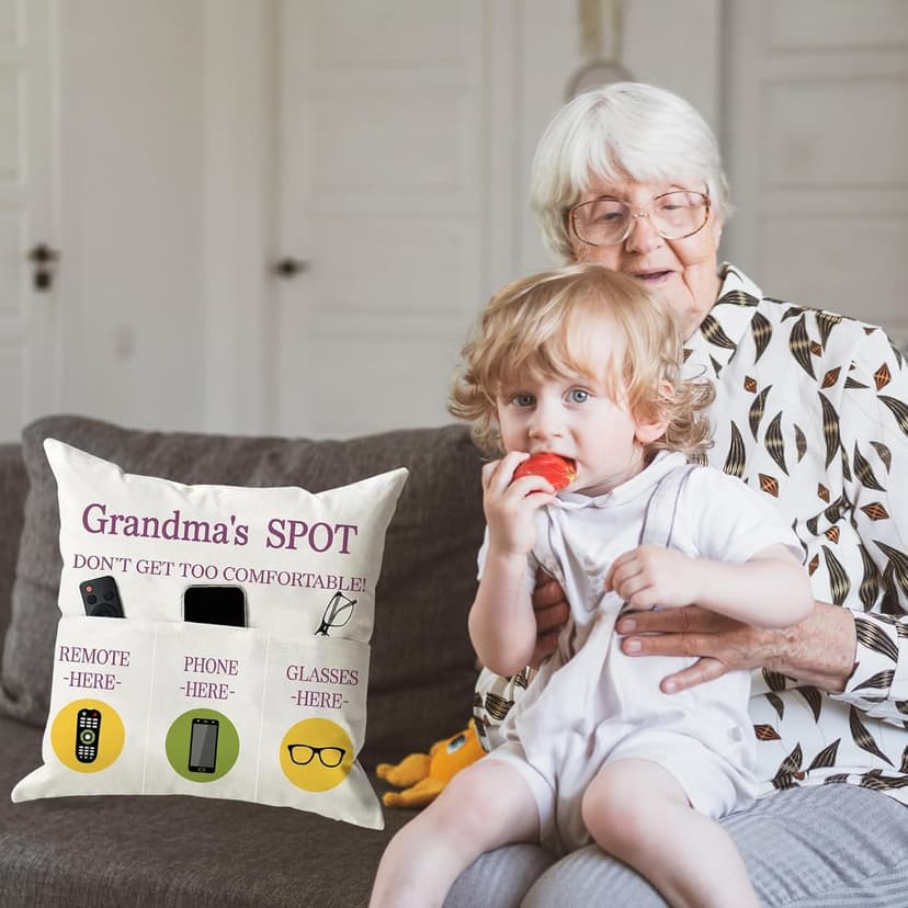 ONFAON Grandma Gifts, Grandma's Spot Throw Pillow Covers 18x18 Inch,Put Phone Glasses and Remote Control Pillowcase,Birthday Christmas hanksgiving Day Gifts for Grandma Mom,3-Pocket