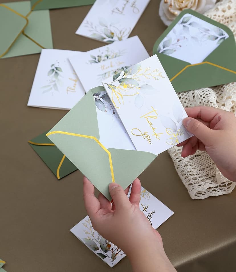 Winoo Design 100 PK Luxurious Gold Thank You Cards with Envelopes Bulk Sage Green - 5x3.5 Inches Wedding Thank You Notes Baby Shower Greenery Bridal Shower Small Business