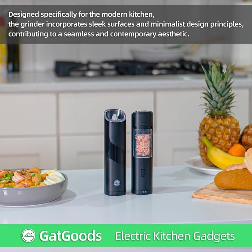 Gravity Electric Salt and Pepper Grinder Set, Adjustable Coarseness, Warm LED Light, One-handed Automatic Operation, Battery Powered, Black, Electric Pepper Mills