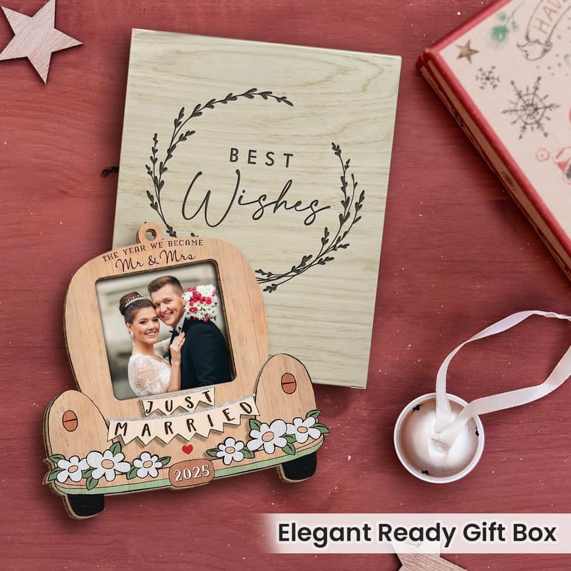 Just Married Personalized Christmas Ornaments - Wedding Gifts for Couples 2025, Bridal Shower Gift for Bride, Custom Wooden Ornaments with Picture, Newly Wed Gifts for The Couple Mr and Mrs Engagement