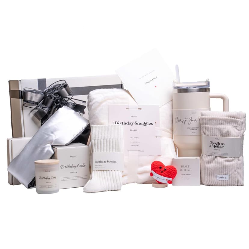lovebug Mom Birthday Gifts - Thoughtful Gift Box for Mom with Blanket, Candle, Tumbler, Socks, Self Care Items - Get Well Soon Care Package Set - Birthday Gift Basket for Women