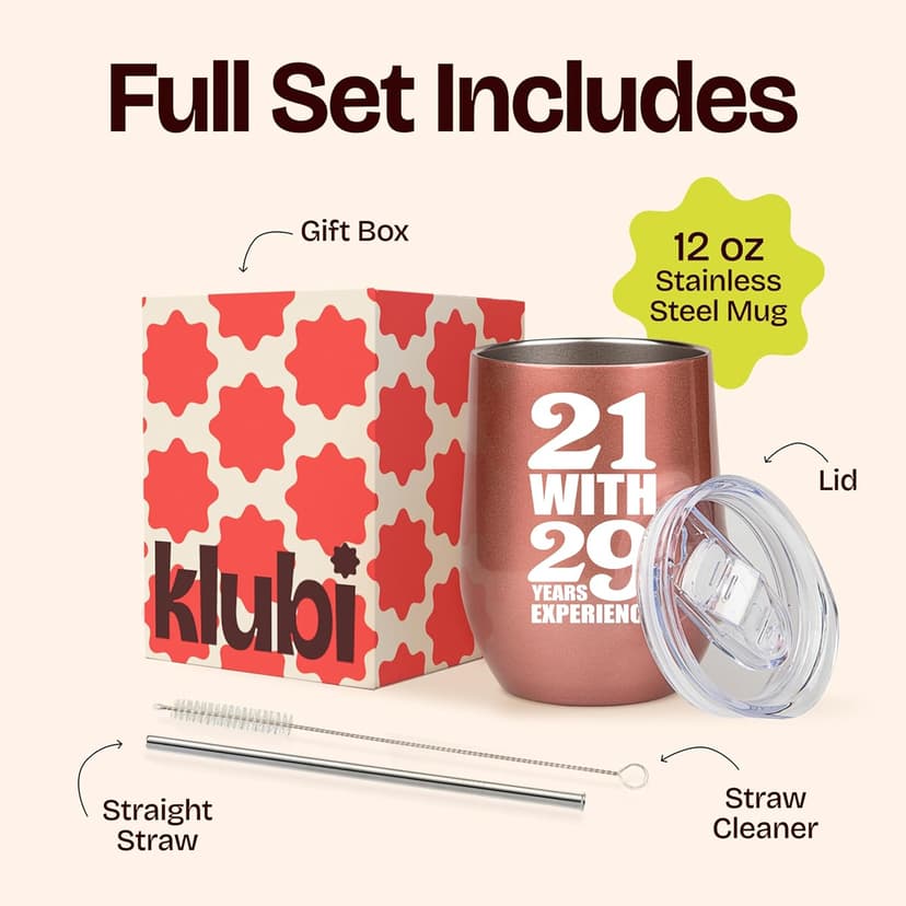 KLUBI 50th Birthday Gifts for Women Funny - 12 Ounce 21 with 29 years Experience Wine Glass 50th Birthday Gifts for Her, 50 Year Old Gift, 1975 Birthday Gifts For Women Turning 50