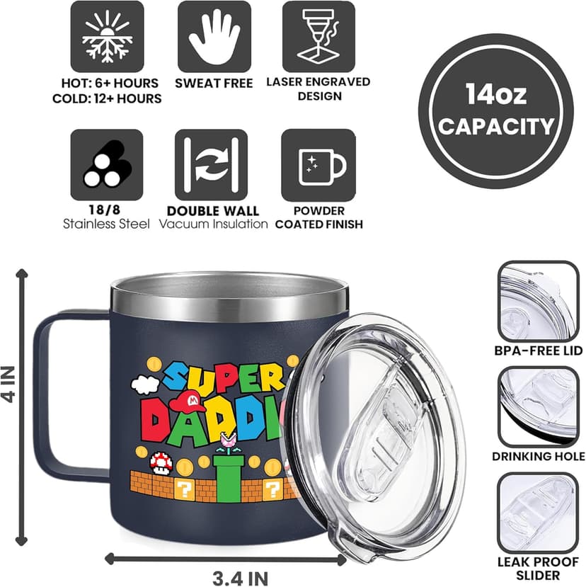 Gossby 14oz Super Daddio Travel Coffee Mug Tumbler - No. 1 Dad Nutrition Facts - Christmas, Fathers Day, Birthday Gift for Dad from Daughter Son Kid - Insulated Stainless Steel Cup with Handle
