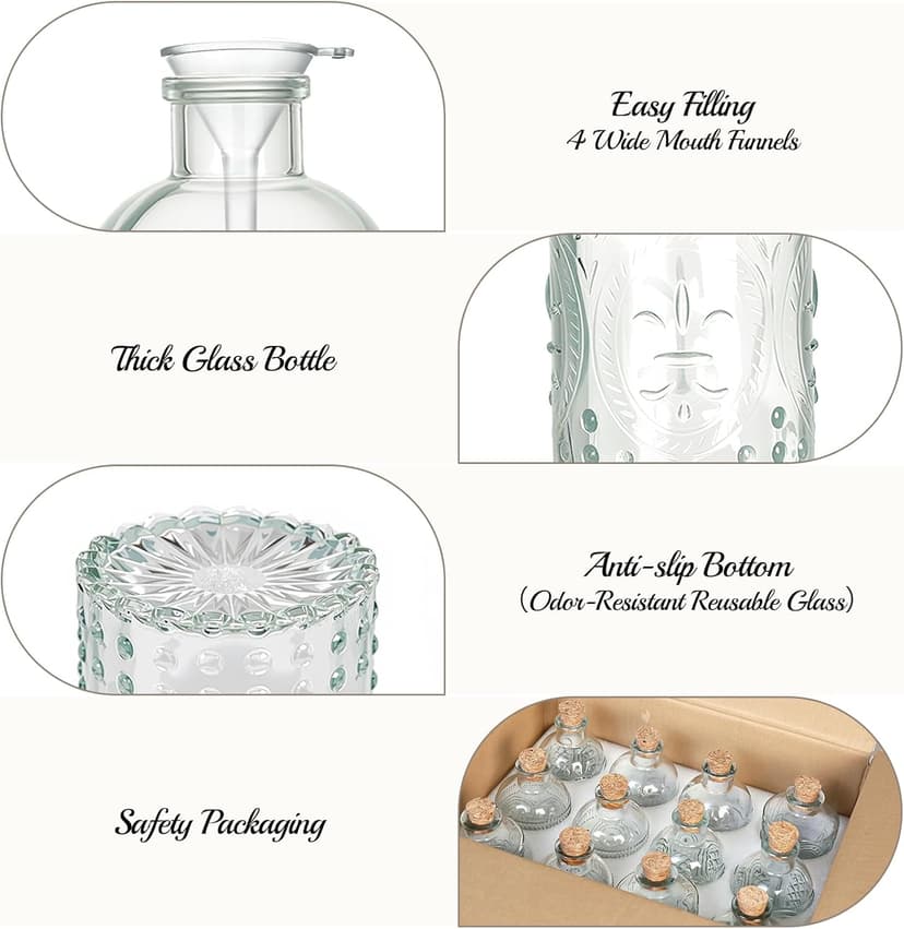 12 Pack 6oz Glass Bottles with Cork Stoppers, 200ml Clear Glass Liquor Bottles with 4 Vintage Patterns, Refillable Whiskey Bottles for Wine, Oil, Vinegar, Kombucha, Wedding Favors