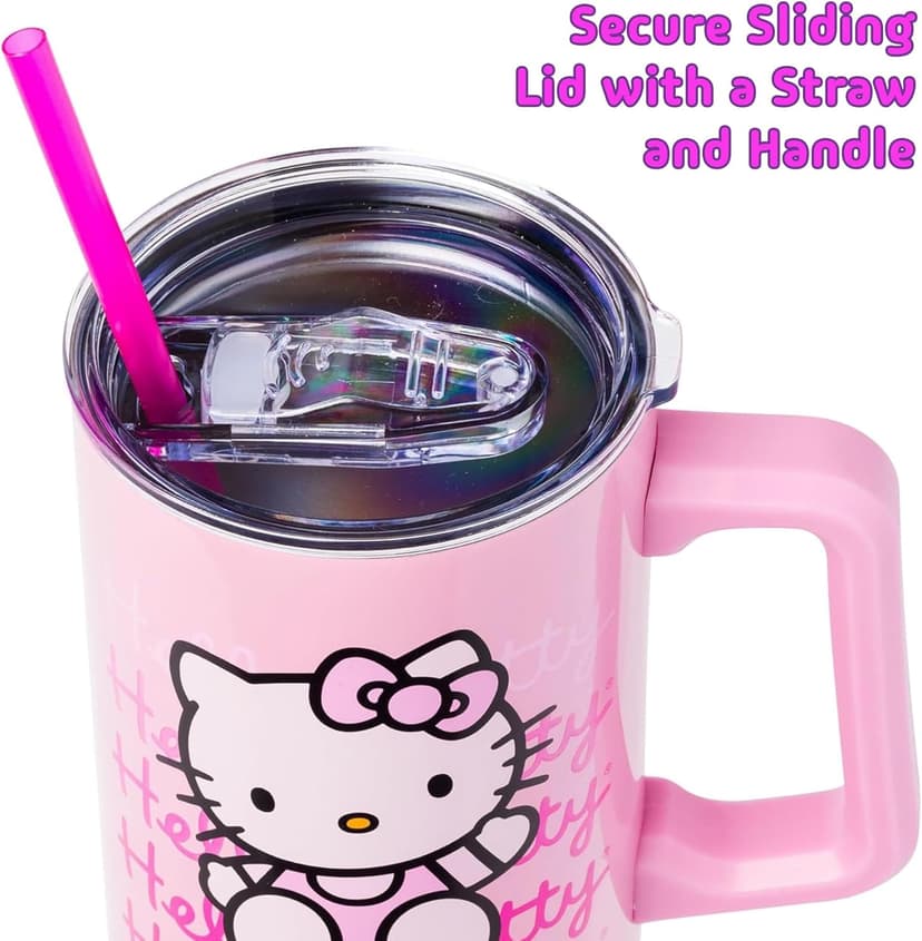 Silver Buffalo Sanrio Hello Kitty Waving Stainless Steel Tumbler with Handle and Straw, Fits in Standard Cup Holder, 40 Ounces
