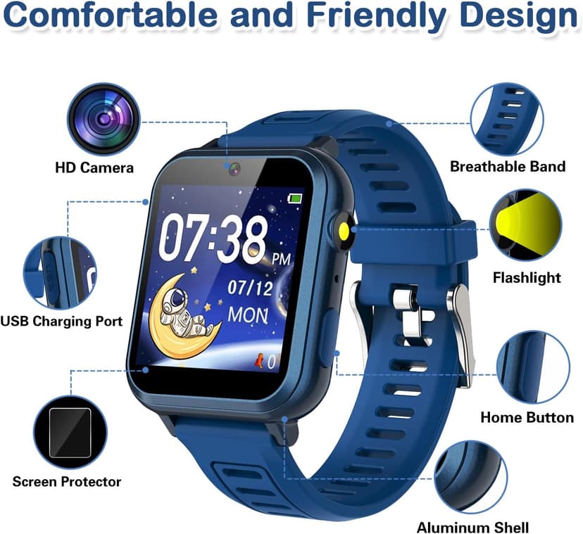 Cosjoype Kids Game Smart Watch for Kids with 24 Puzzle Games HD Touch Screen Camera Music Player Pedometer Alarm Clock Calculator Flashlight 12/24hr Kid Watch Gift for 4-12 Year Old Boys Toys for Kid