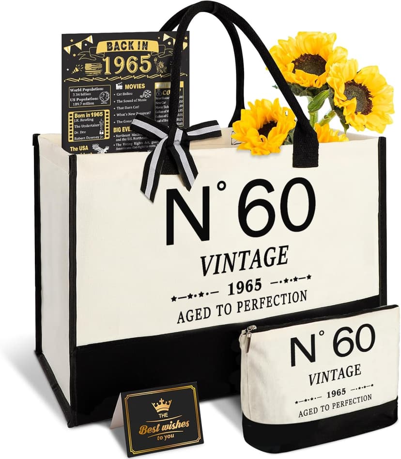 60th Birthday Gifts for Women Canvas Tote Bag Travel Gear, Unique 60 Years Old Gifts for Her Wife Sister Mom Aunt Friends, Vintage N60 Handbag & Cosmetic Bag & Back in 1965 Poster