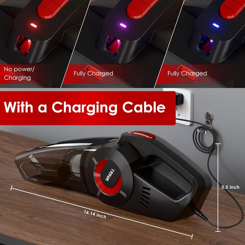 whall Handheld Cordless Car Vacuums, Wet and Dry Use 9000Pa Strong Suction Vacuums, Rechargeable Portable Vacuum Cleaner with LED, Charging Dock, Lightweight Mini Vacuum for Car, Home and Office, Red