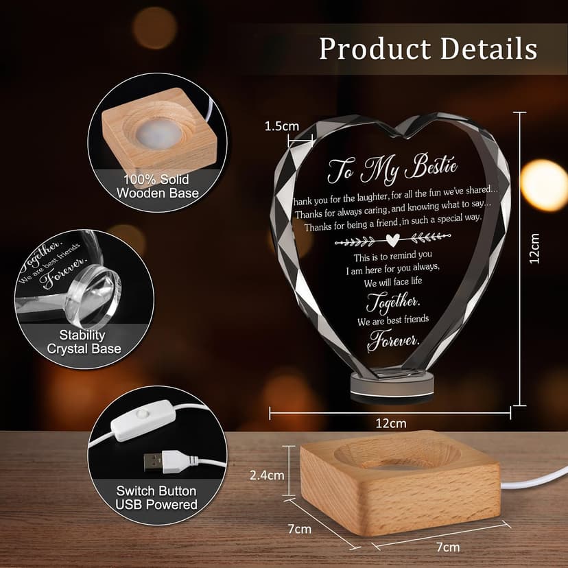 Best Gift to My Bestie 3D Illusion Lamp, to My Best Friend, 3D Crystal Night Light Gift for Bestie's Birthday, Holiday, for Best Friend Sister Girls Women Soft Warm White Colors