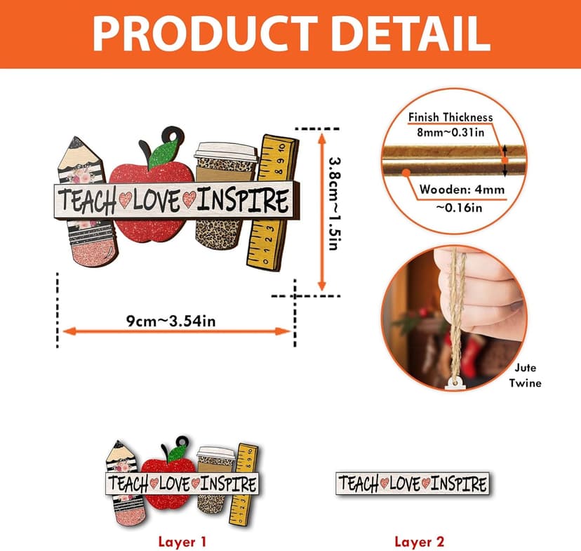 V VIBEPY All Over Printed Teacher Ornament, Teacher Christmas Ornaments Apple Pen Ornaments for Teachers 3.2"x3.5" 2 Layer Ornaments, Gift for Teacher